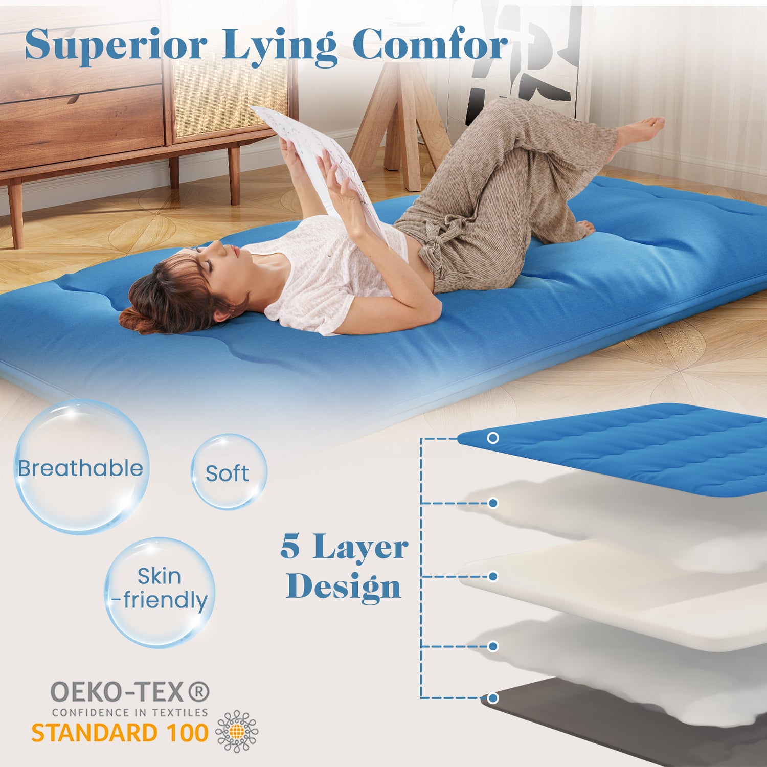Foldable Futon Mattress with Washable Cover and Carry Bag for Camping Blue