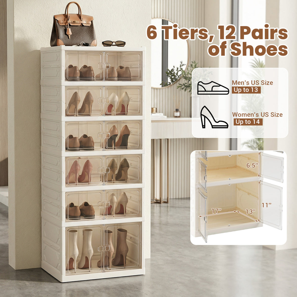 Foldable Shoe Rack Organizer 12-Pair 6-Tier Collapsible Shoe Cabinet-White