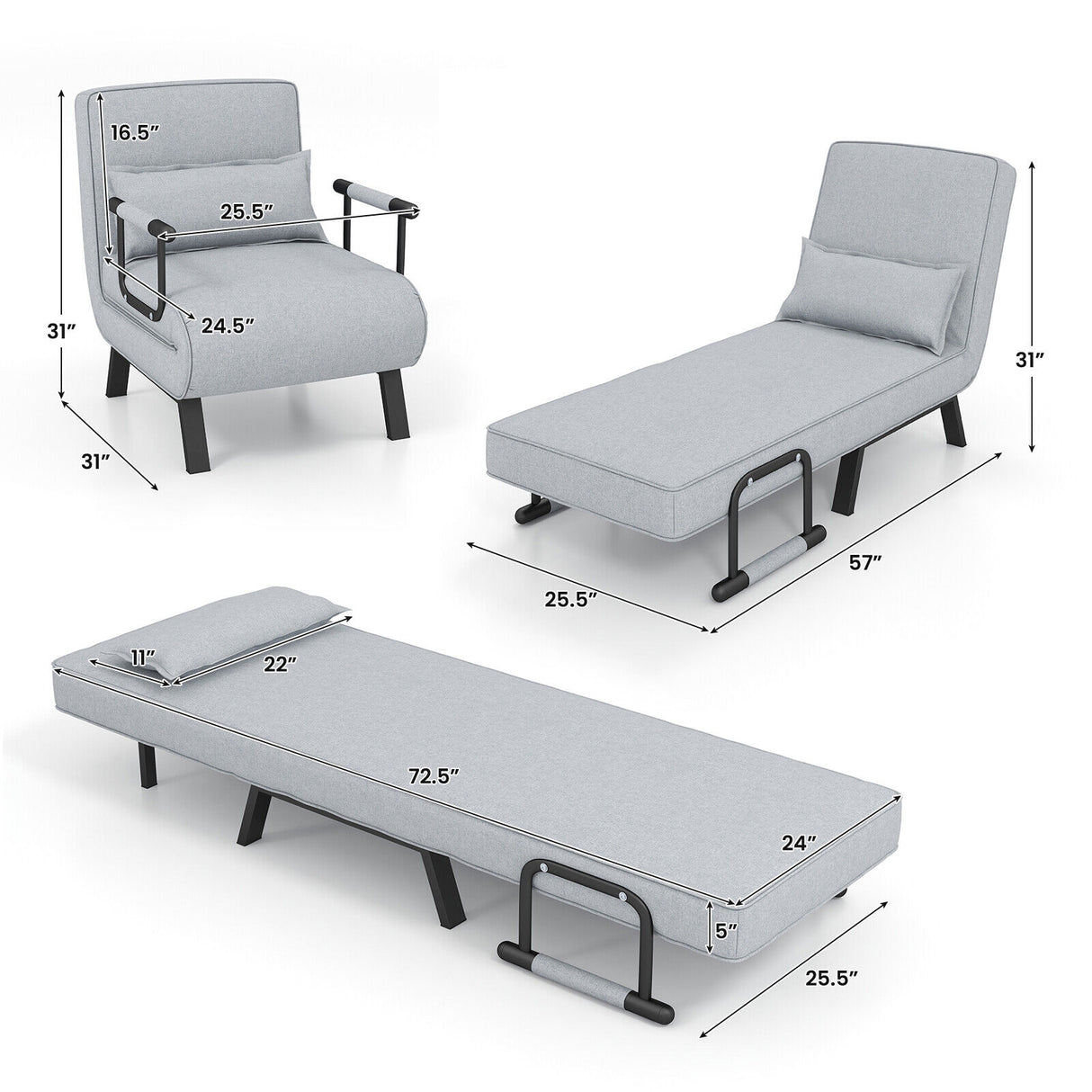 Folding 6 Position Convertible Sleeper Bed Armchair Lounge Couch with Pillow