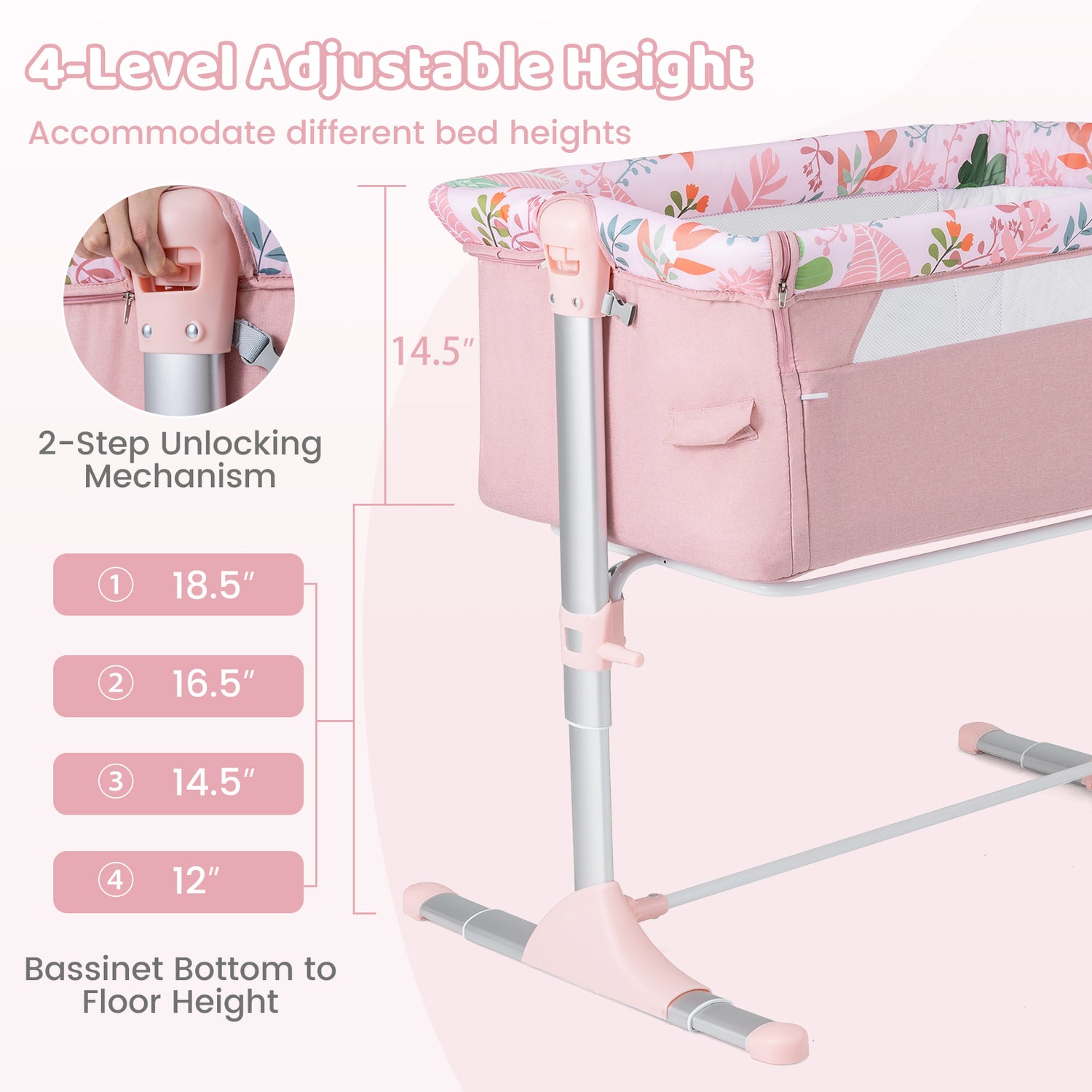 Folding Baby Bassinet Bedside Sleeper with 4 Adjustable Heights-Pink