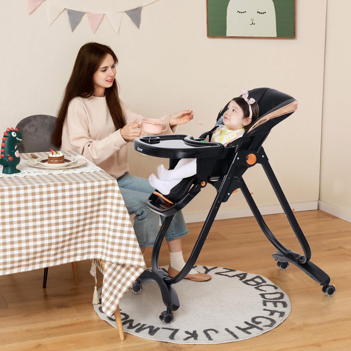 Folding Baby Dining High Chair with Adjustable Height and Recline