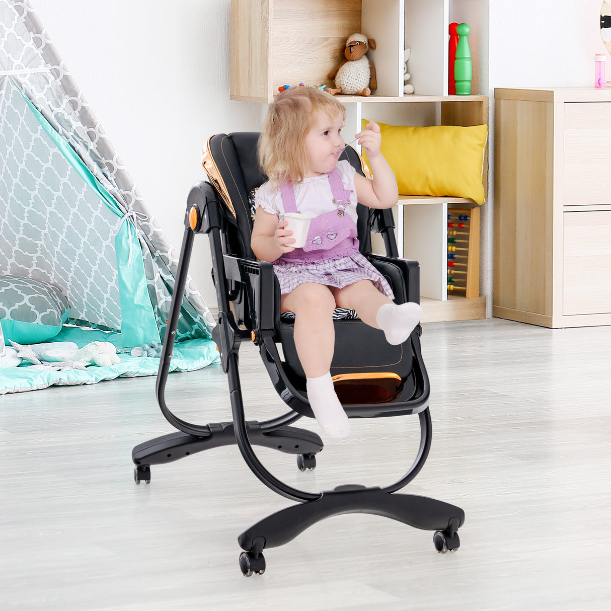 Folding Baby Dining High Chair with Adjustable Height and Recline