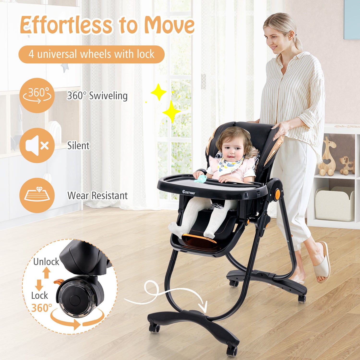 Folding Baby Dining High Chair with Adjustable Height and Recline