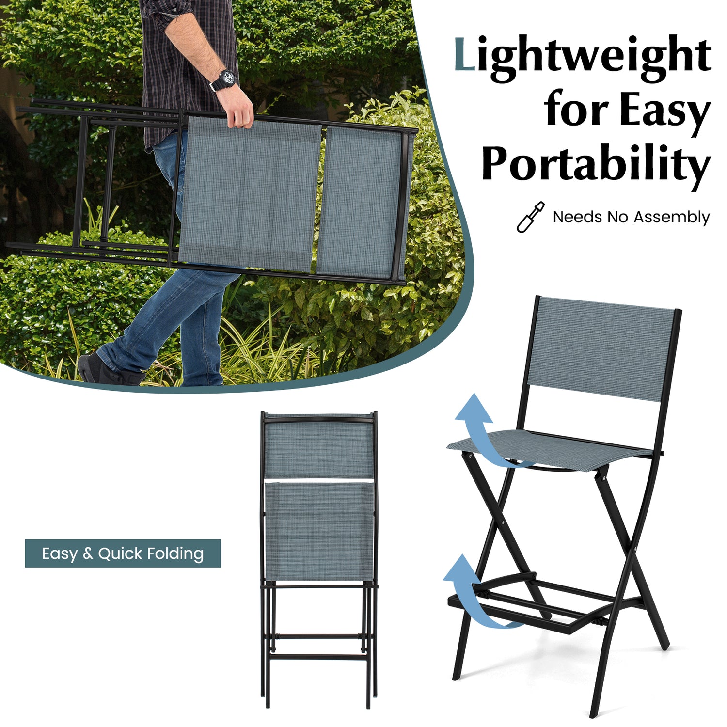 Folding Bar Stools Set of 2 Backrest Humanized Footrest-Blue