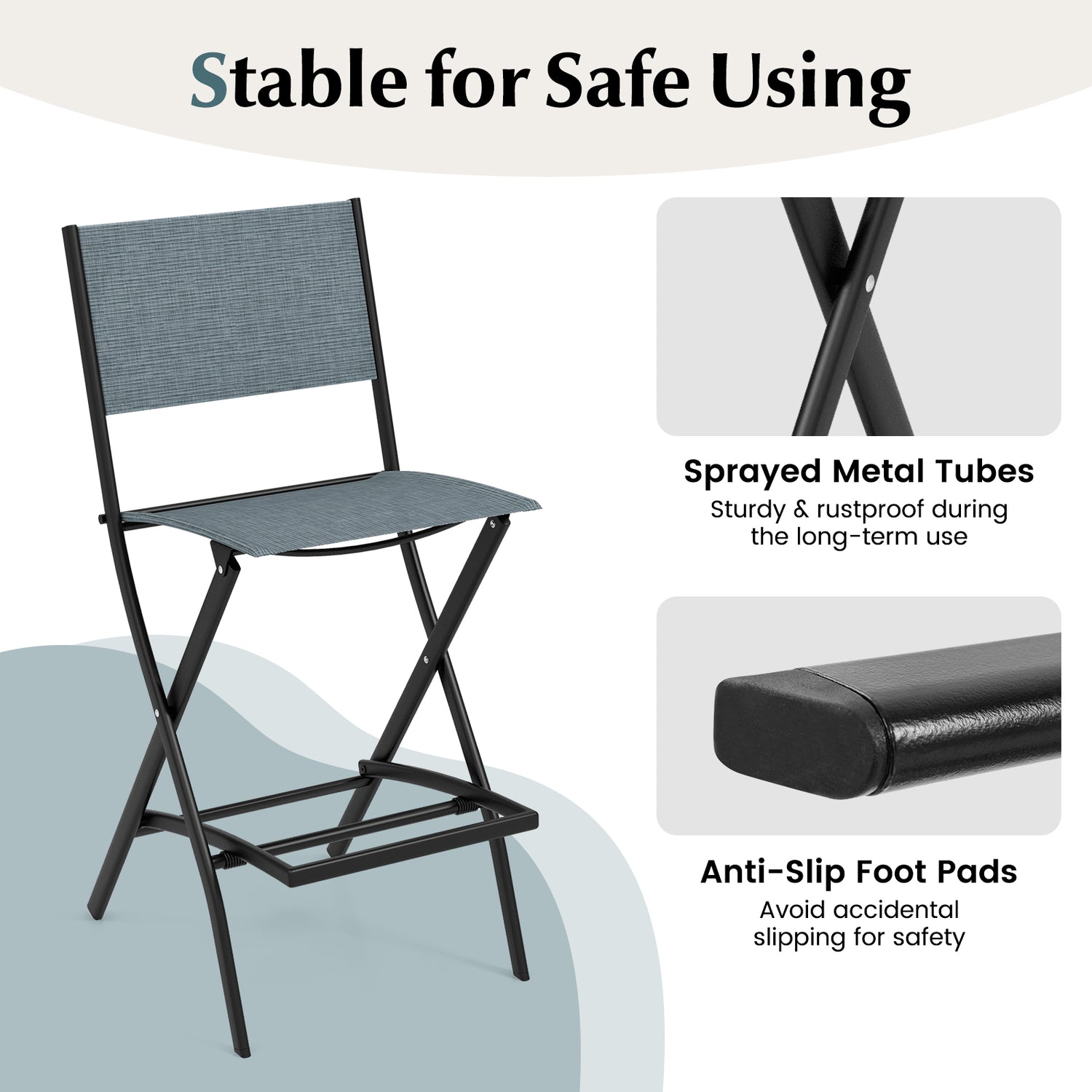 Folding Bar Stools Set of 2 Backrest Humanized Footrest-Blue