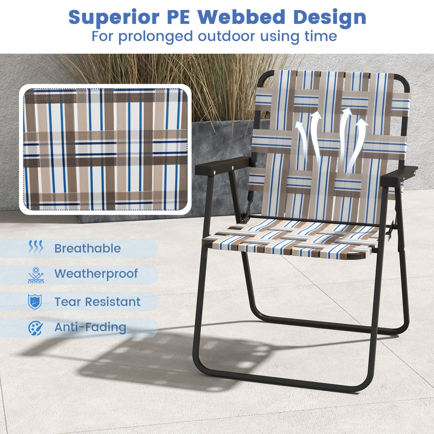 2 Pieces Folding Beach Chair Camping Lawn Webbing Chair