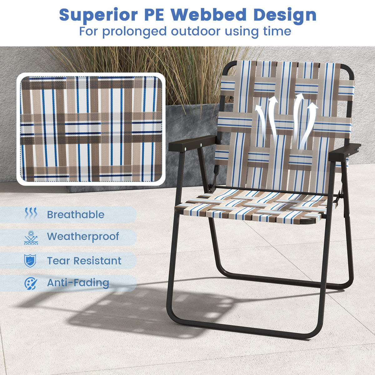 2 Pieces Folding Beach Chair Camping Lawn Webbing Chair