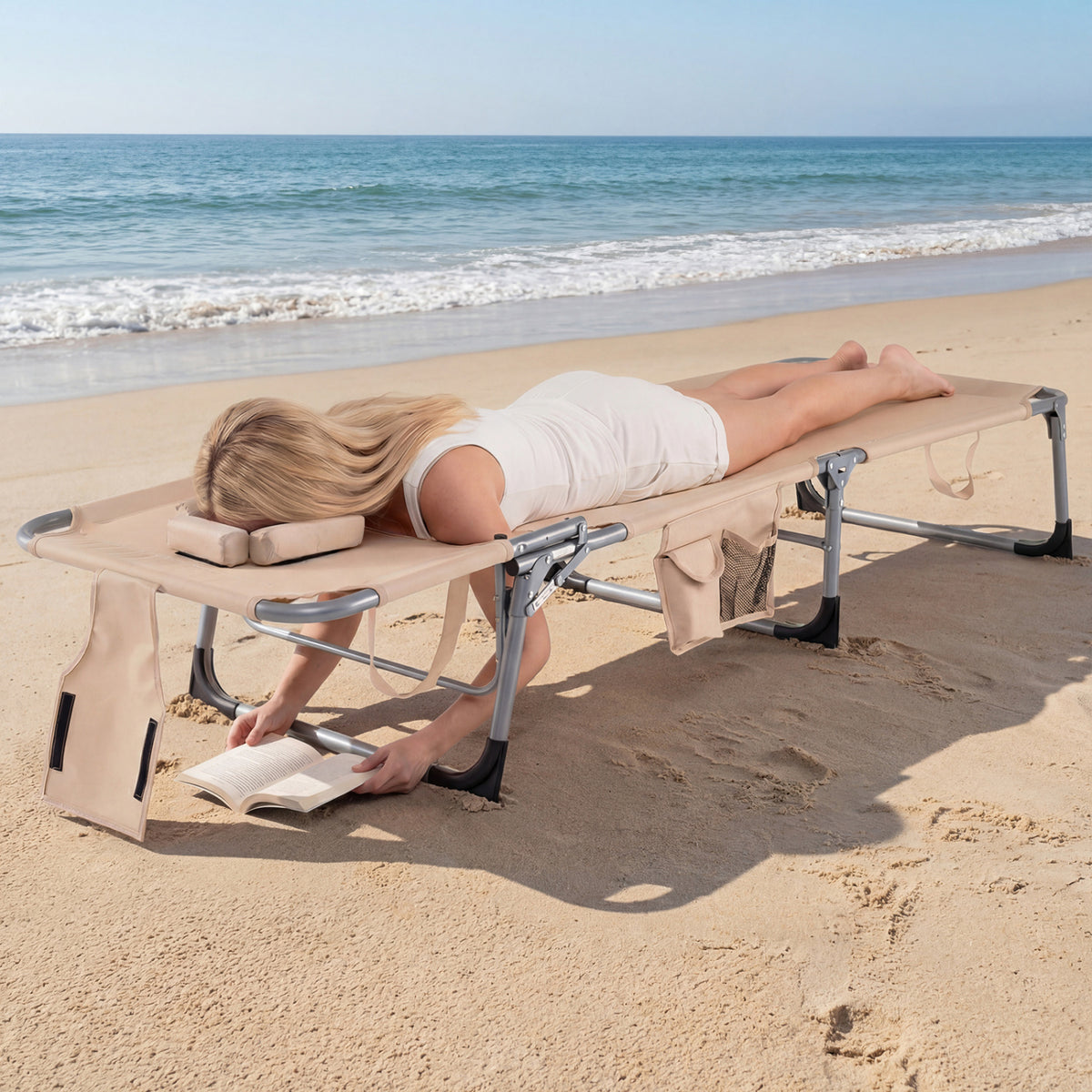 Folding Beach Lounge Chair with Pillow for Outdoor