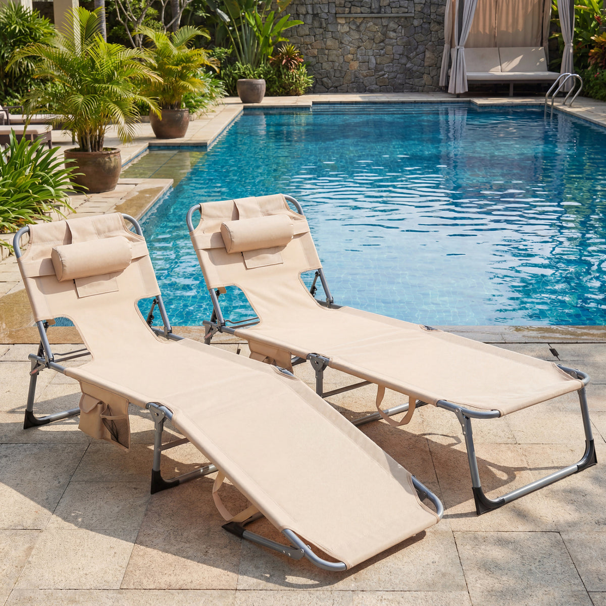 Folding Beach Lounge Chair with Pillow for Outdoor