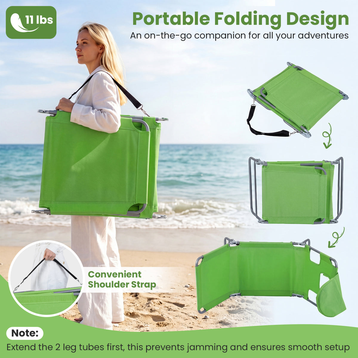Folding Beach Lounge Chair with Adjustable Backrest for Lawn