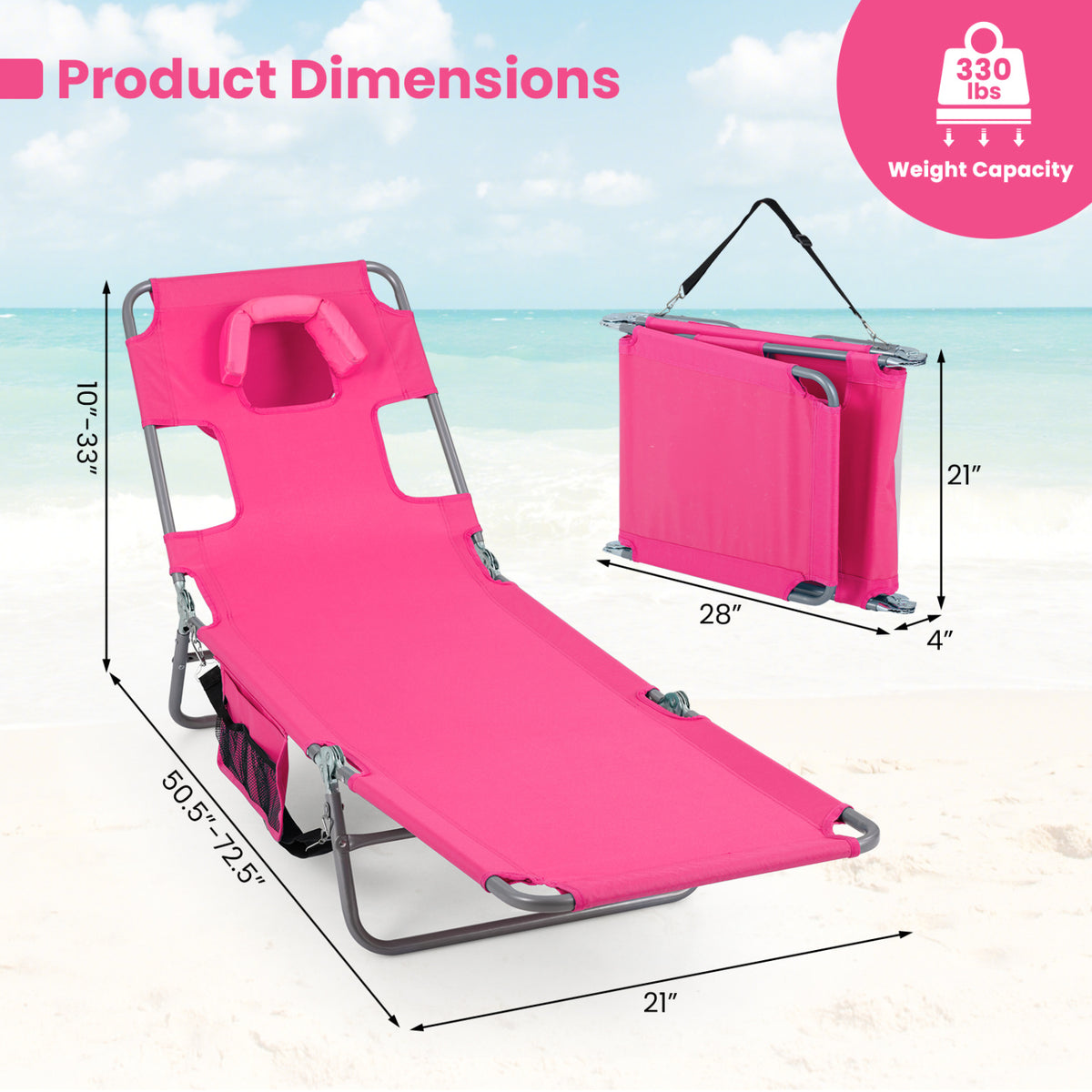 Folding Beach Lounge Chair with Adjustable Backrest for Lawn