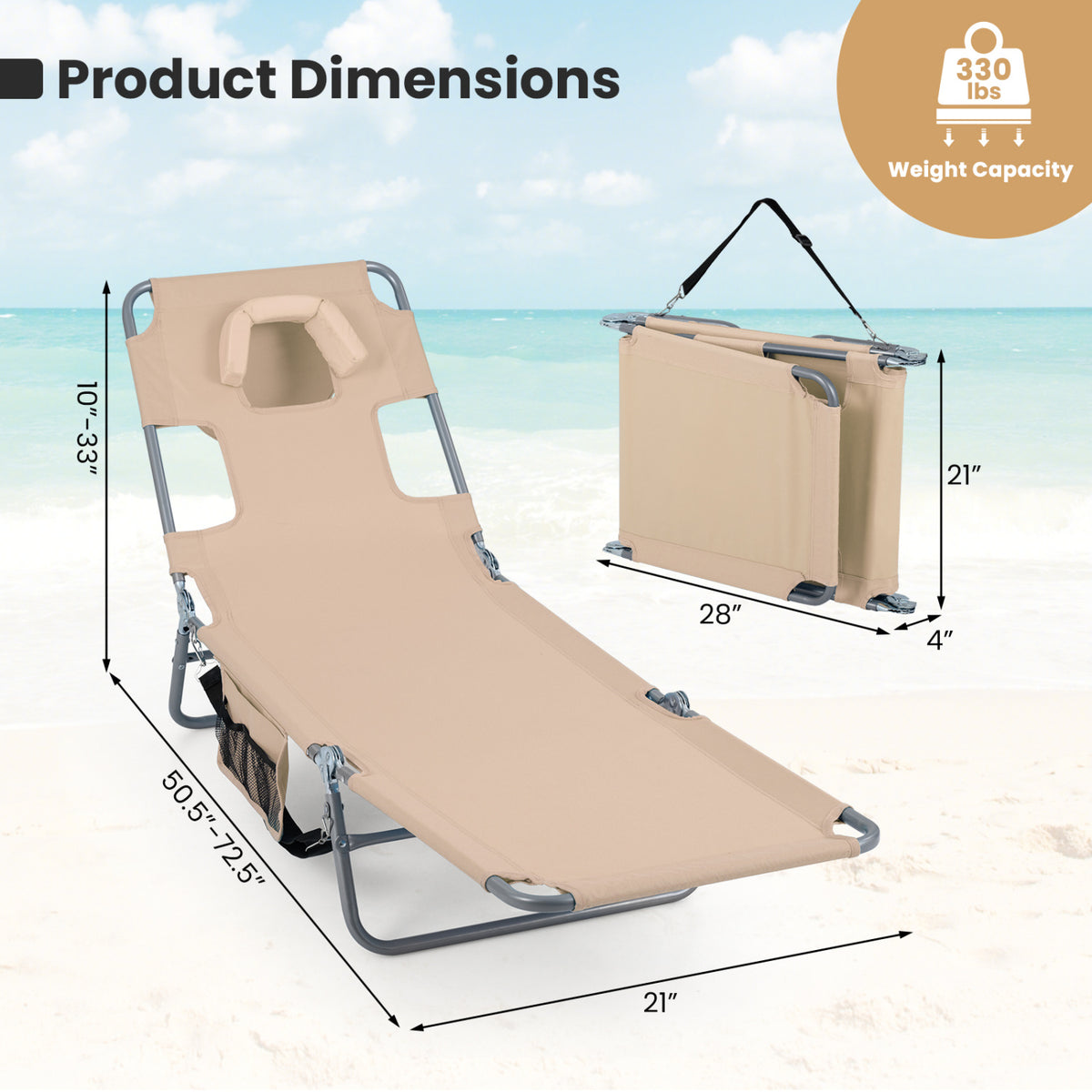 Folding Beach Lounge Chair with Adjustable Backrest for Lawn