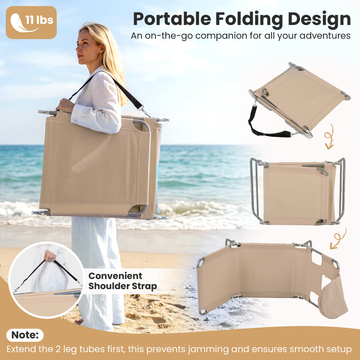 Folding Beach Lounge Chair with Adjustable Backrest for Lawn