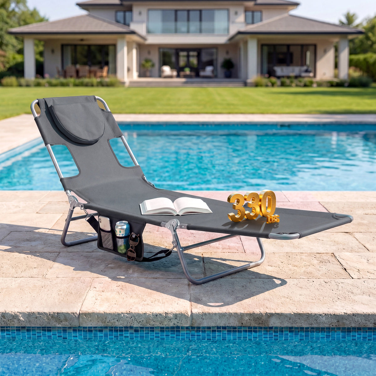 Folding Beach Lounge Chair with Adjustable Backrest for Lawn