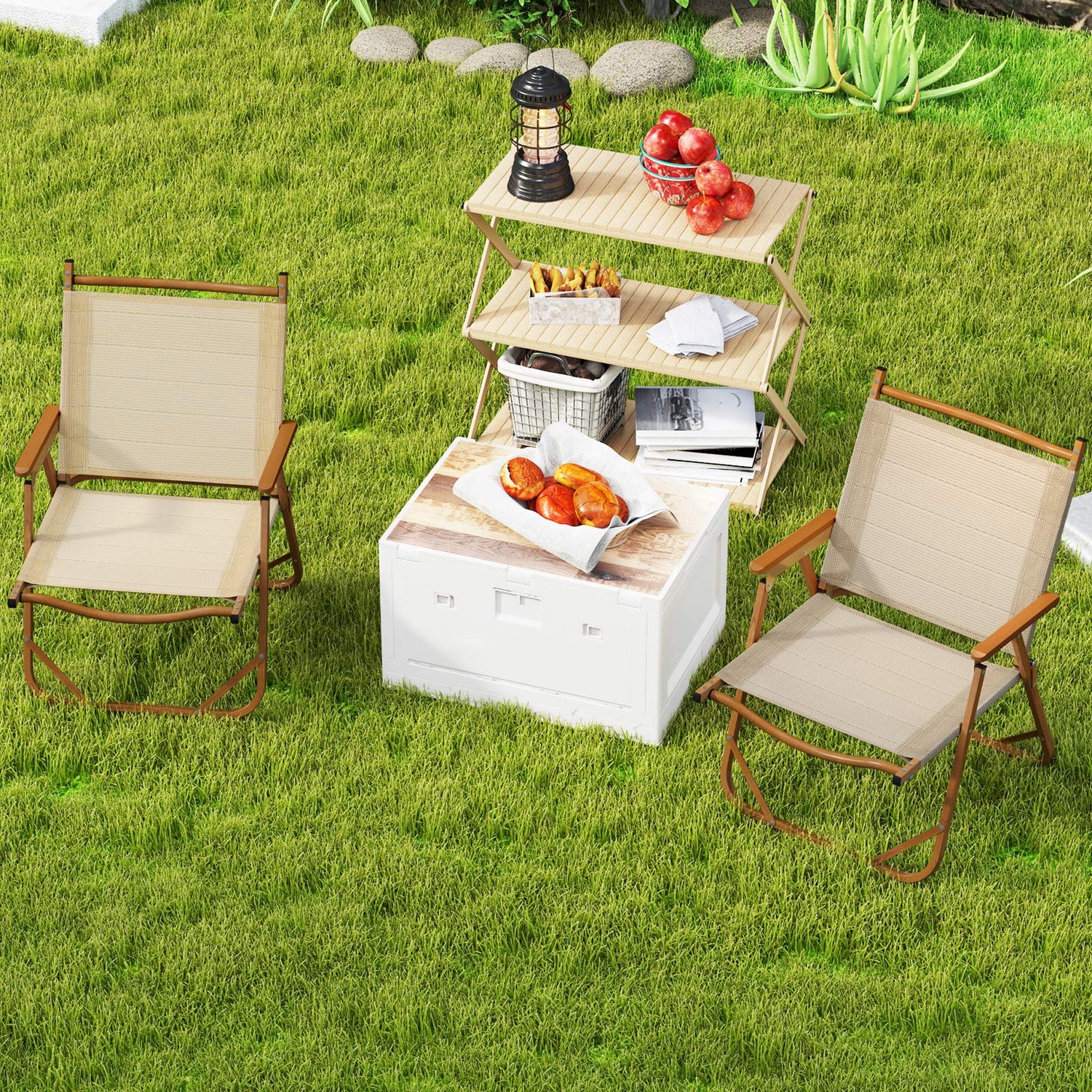 Folding Camp Chairs Set of 2 Lightweight Beach Chairs-Beige