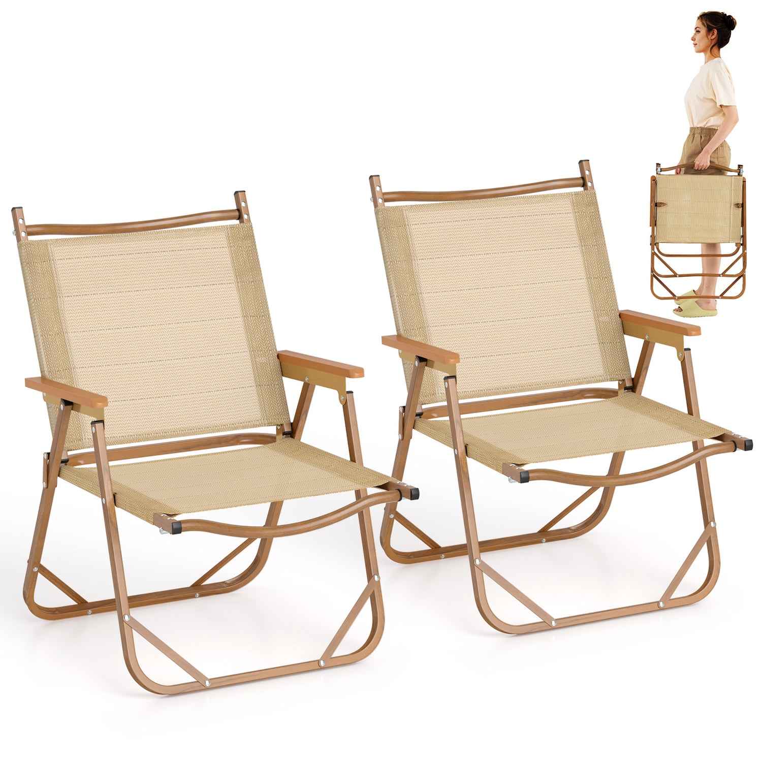 Folding Camp Chairs Set of 2 Lightweight Beach Chairs-Beige
