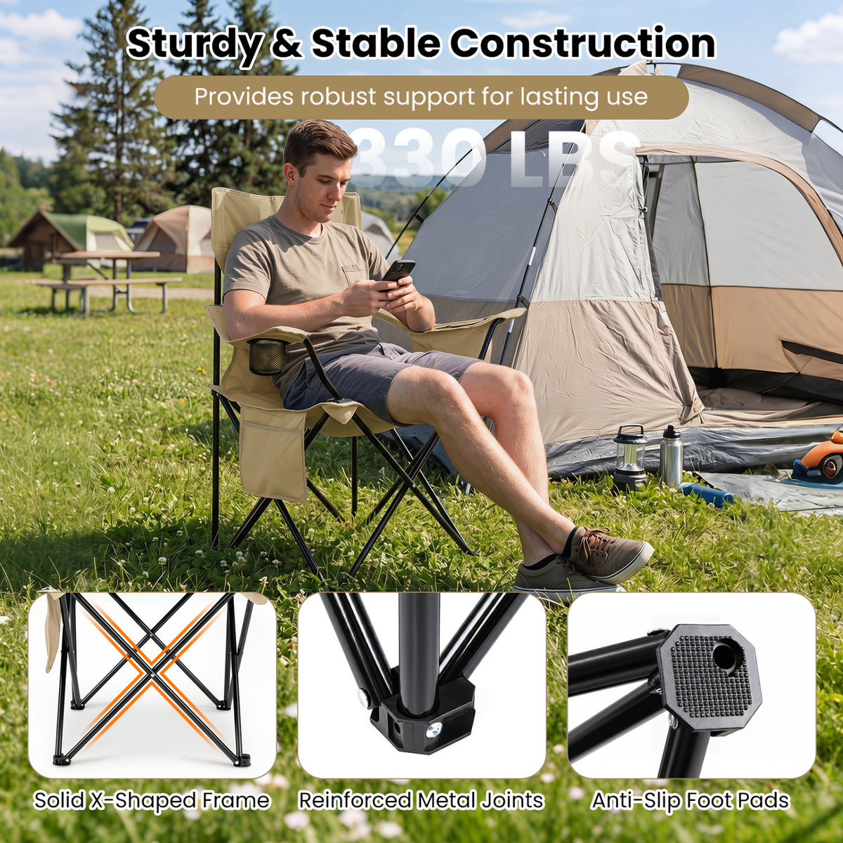 Folding Camping Chair with Mesh Fabric Backrest Solid Metal Frame and Carrying Bag