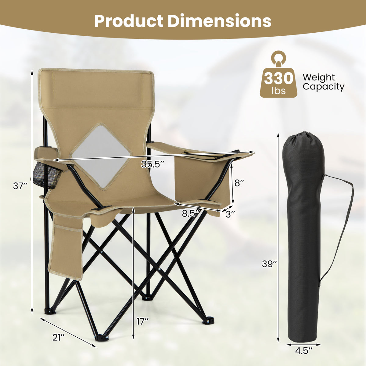Folding Camping Chair with Mesh Fabric Backrest Solid Metal Frame and Carrying Bag