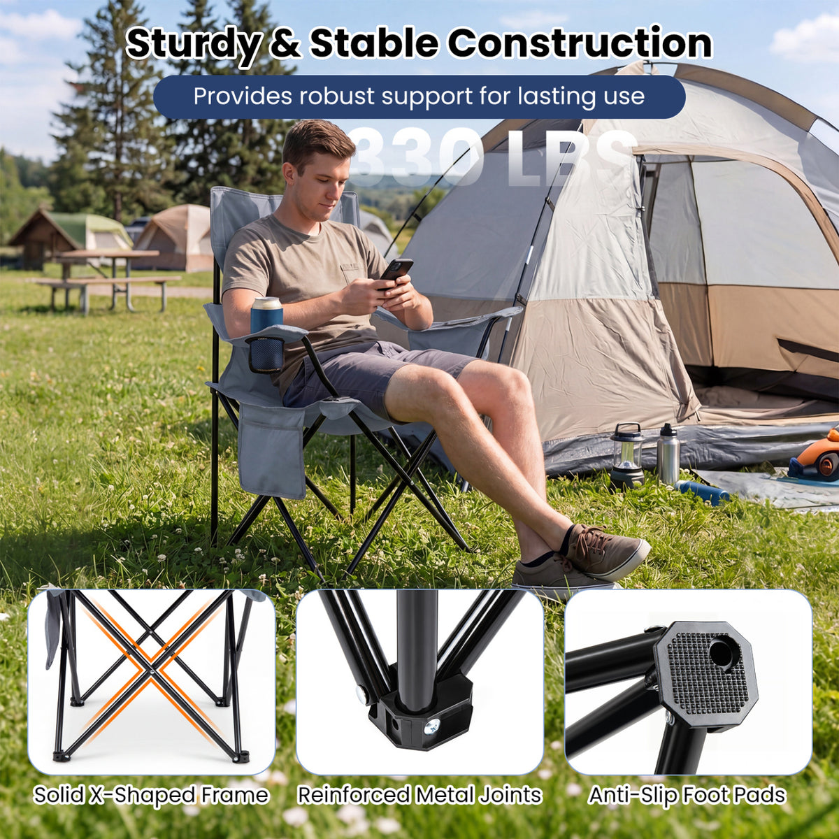 Folding Camping Chair with Mesh Fabric Backrest Solid Metal Frame and Carrying Bag