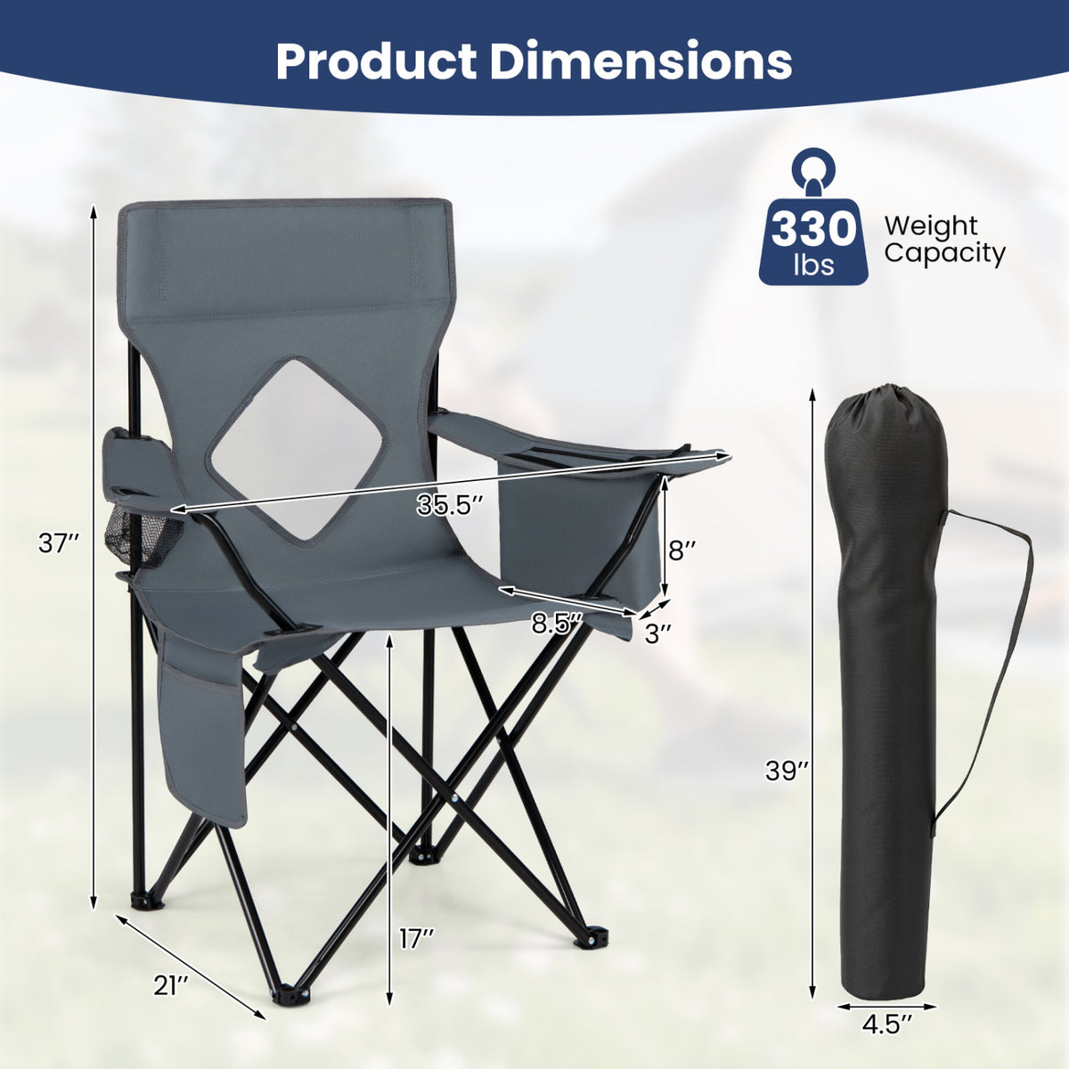 Folding Camping Chair with Mesh Fabric Backrest Solid Metal Frame and Carrying Bag