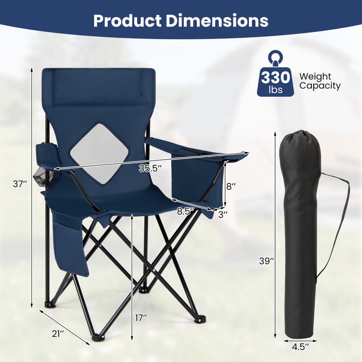 Folding Camping Chair with Mesh Fabric Backrest Solid Metal Frame and Carrying Bag