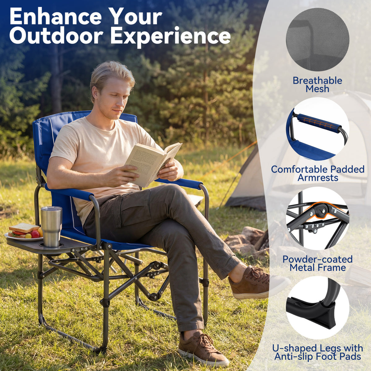 Folding Camping Chair with Side Table and Cup Holder with Carrying Bag
