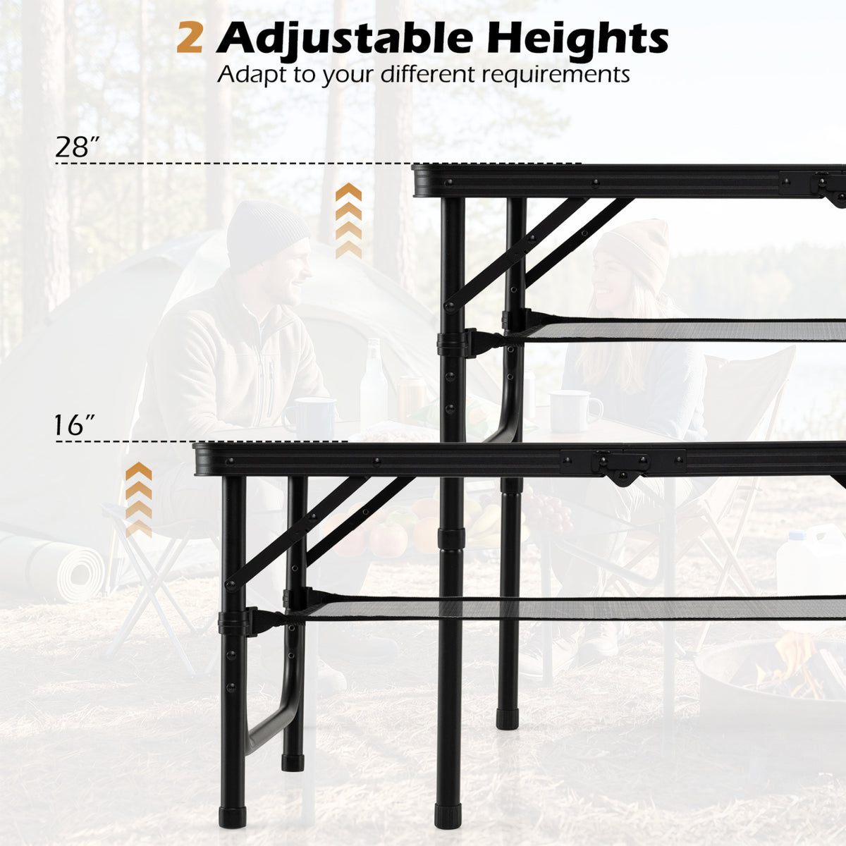 Folding Camping Table with Adjustable Heights Storage Net & Handle-Black & Brown