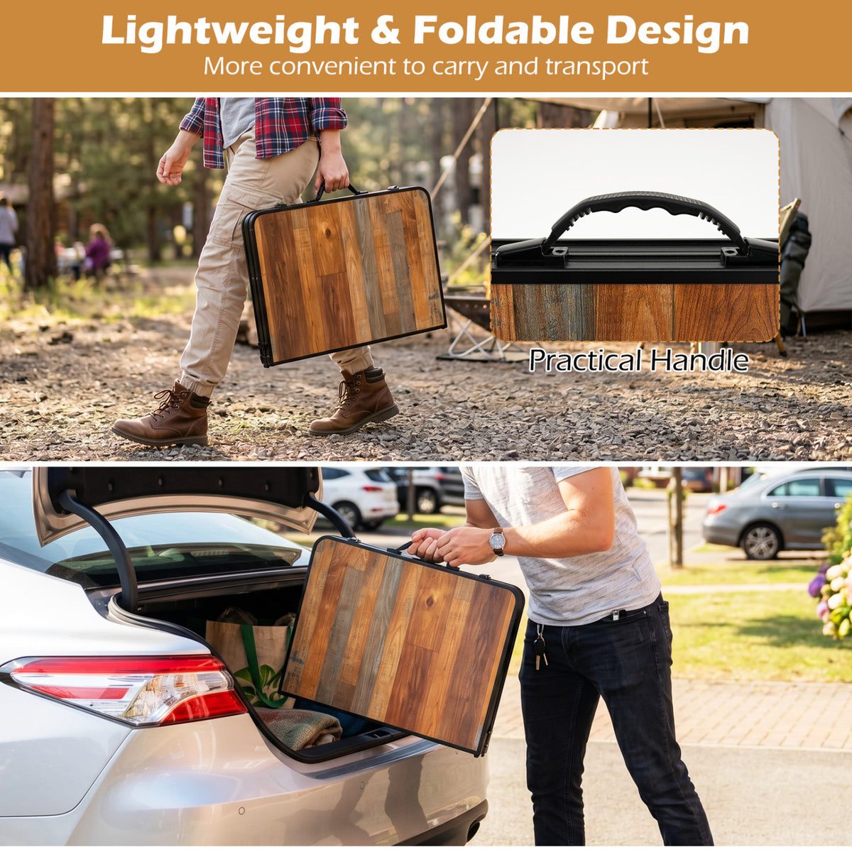 Folding Camping Table with Adjustable Heights Storage Net & Handle-Black & Brown