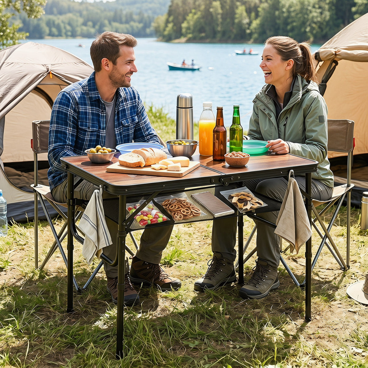 Folding Camping Table with Adjustable Heights Storage Net & Handle-Black & Brown