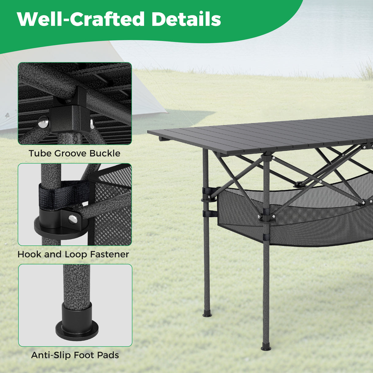 Patio Folding Camping Table with Roll-up Tabletop and Mesh Basket