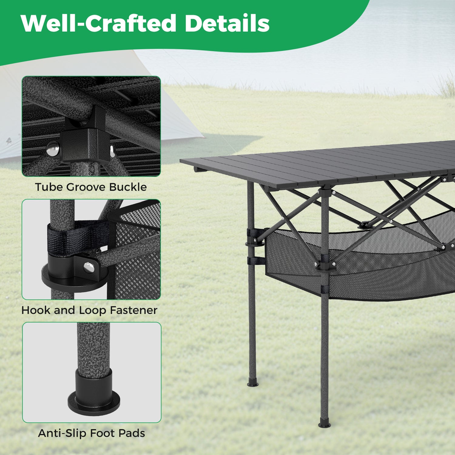 Patio Folding Camping Table with Roll-up Tabletop and Mesh Basket