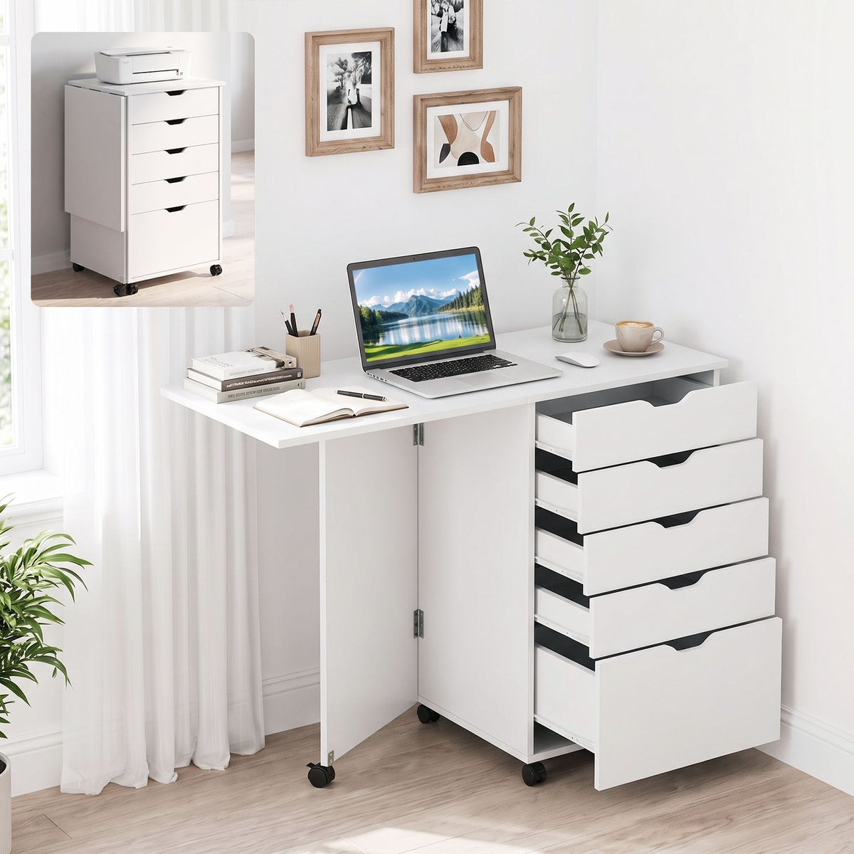 Folding Desk with Storage Drawers and Wheels for Dorms Apartments