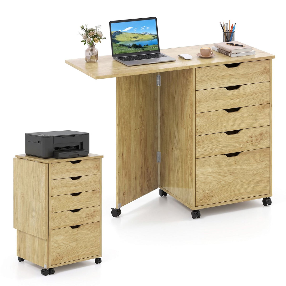 Folding Desk with Storage Drawers and Wheels for Dorms Apartments
