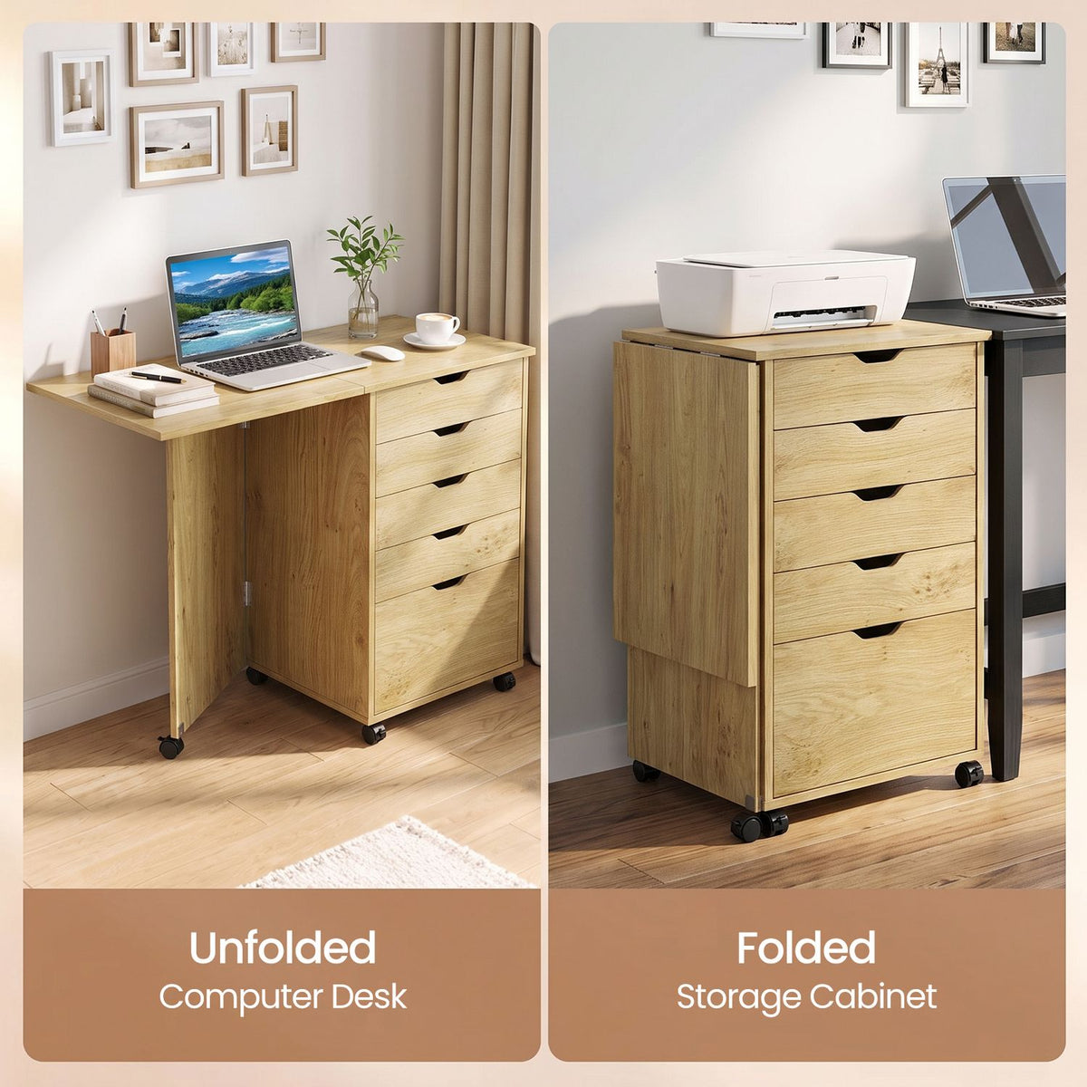 Folding Desk with Storage Drawers and Wheels for Dorms Apartments