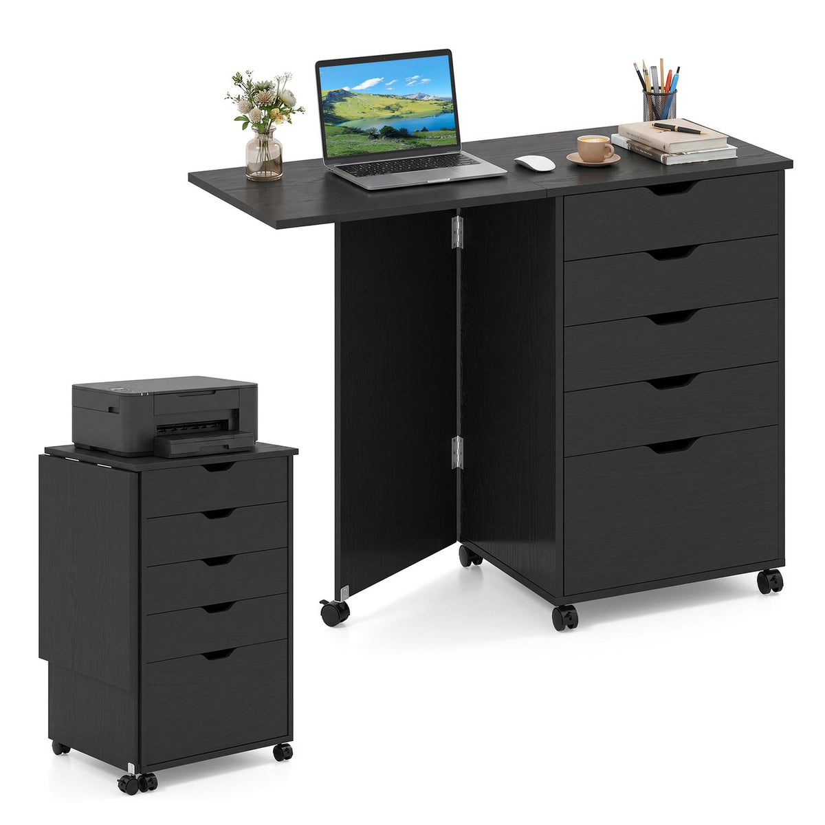 Folding Desk with Storage Drawers and Wheels for Dorms Apartments