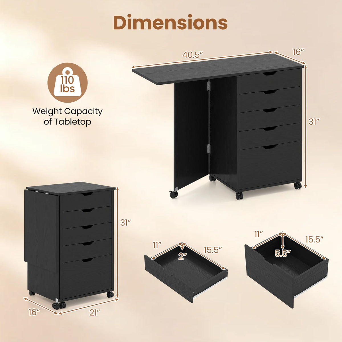 Folding Desk with Storage Drawers and Wheels for Dorms Apartments
