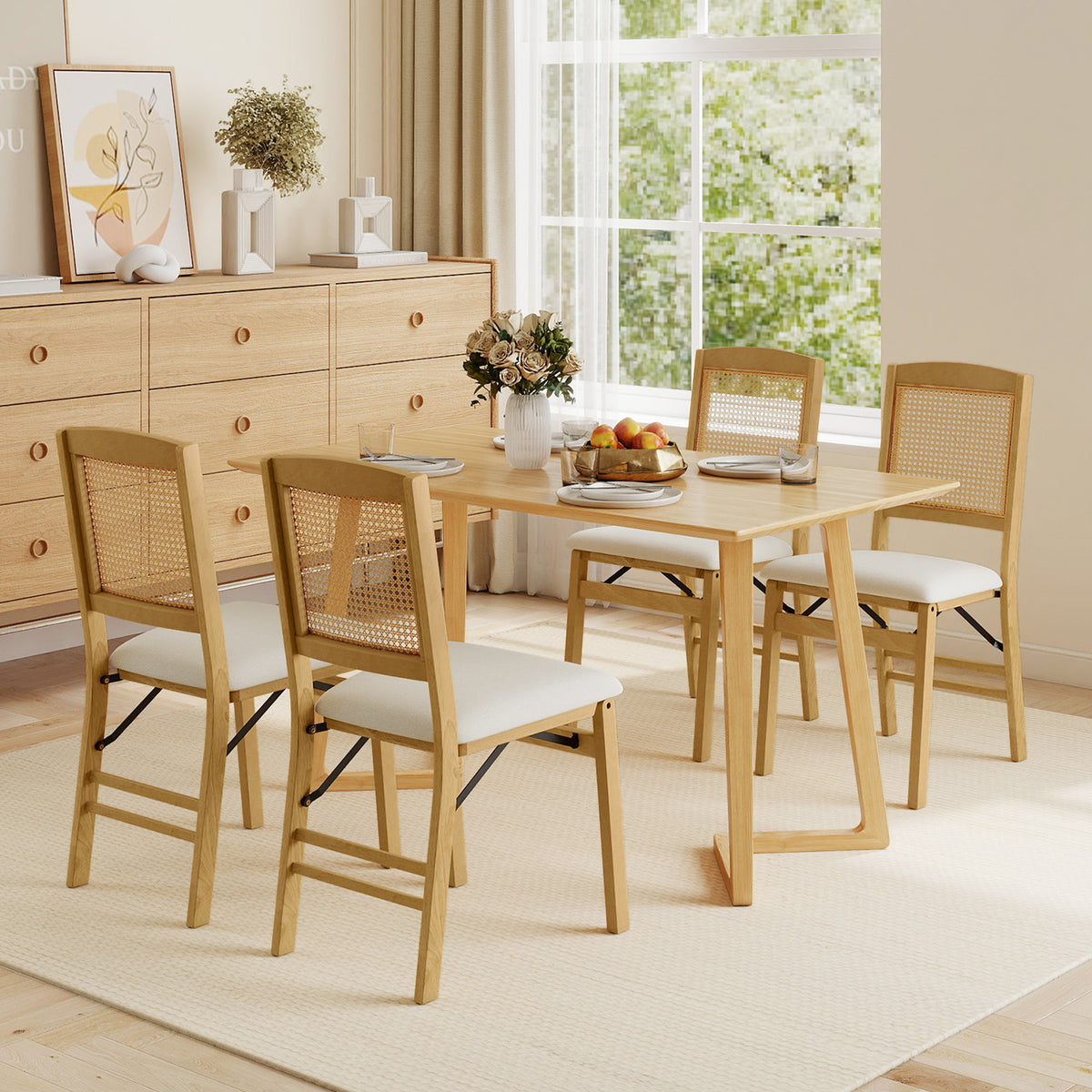 Folding Dining Chairs Set of 4 Rubber Wood Chairs with Linen Padded Seat