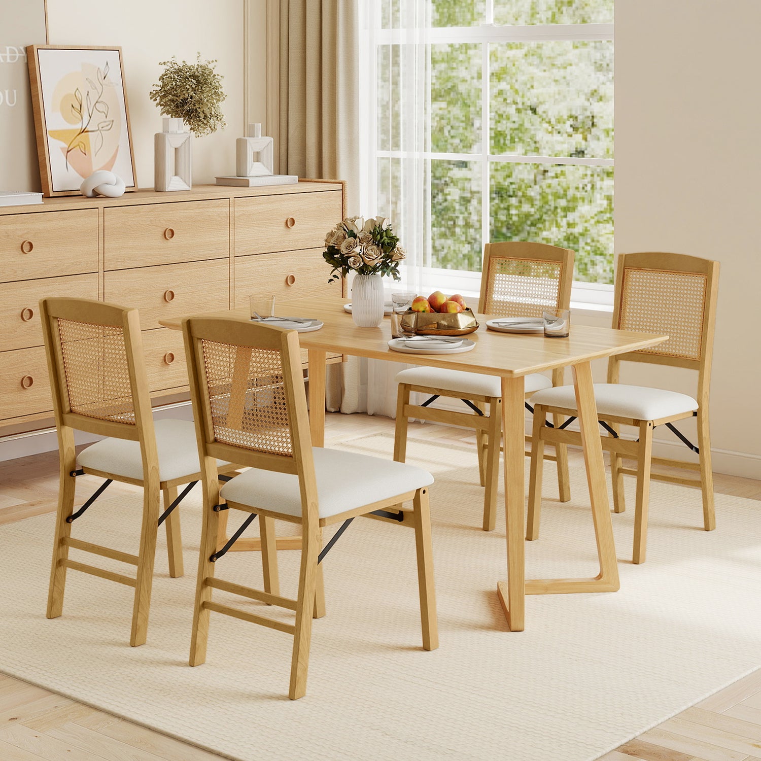 Folding Dining Chairs Set of 4 Rubber Wood Chairs with Linen Padded Seat