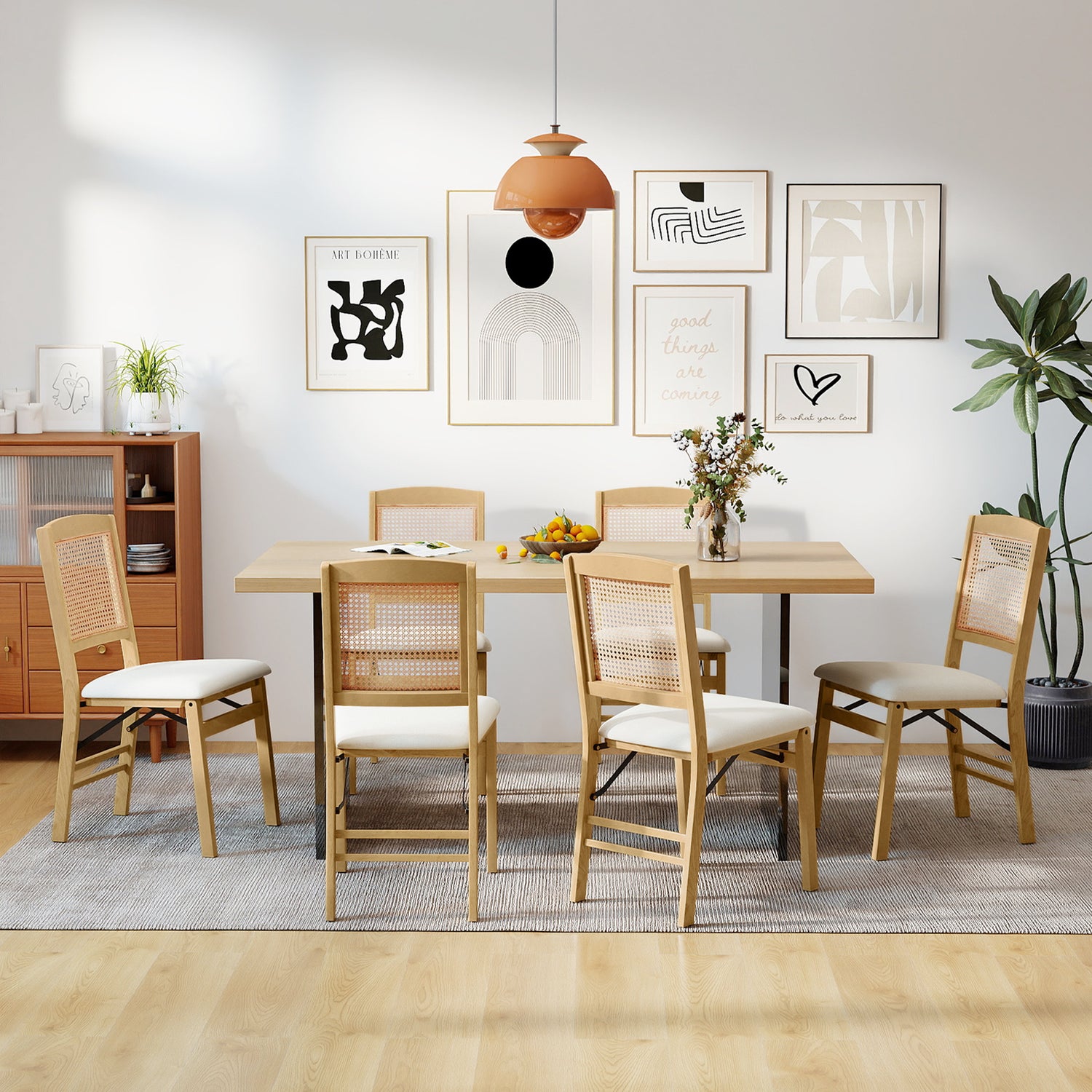 Folding Dining Chairs Set of 4 Rubber Wood Chairs with Linen Padded Seat