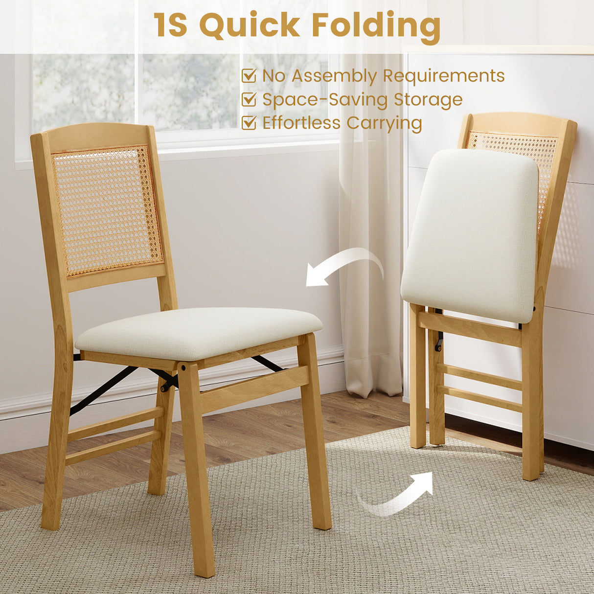 Folding Dining Chairs Set of 4 Rubber Wood Chairs with Linen Padded Seat