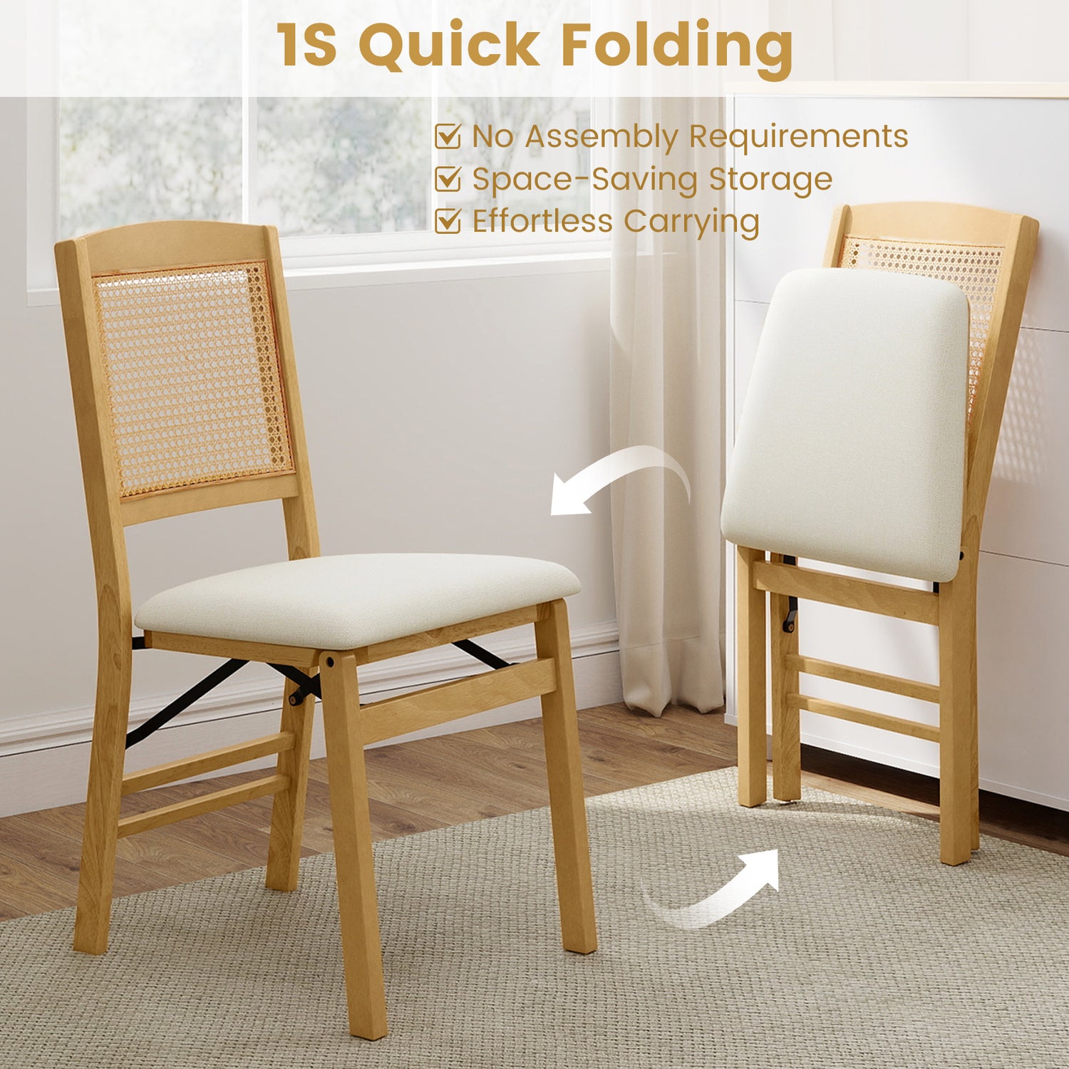 Folding Dining Chairs Set of 4 Rubber Wood Chairs with Linen Padded Seat