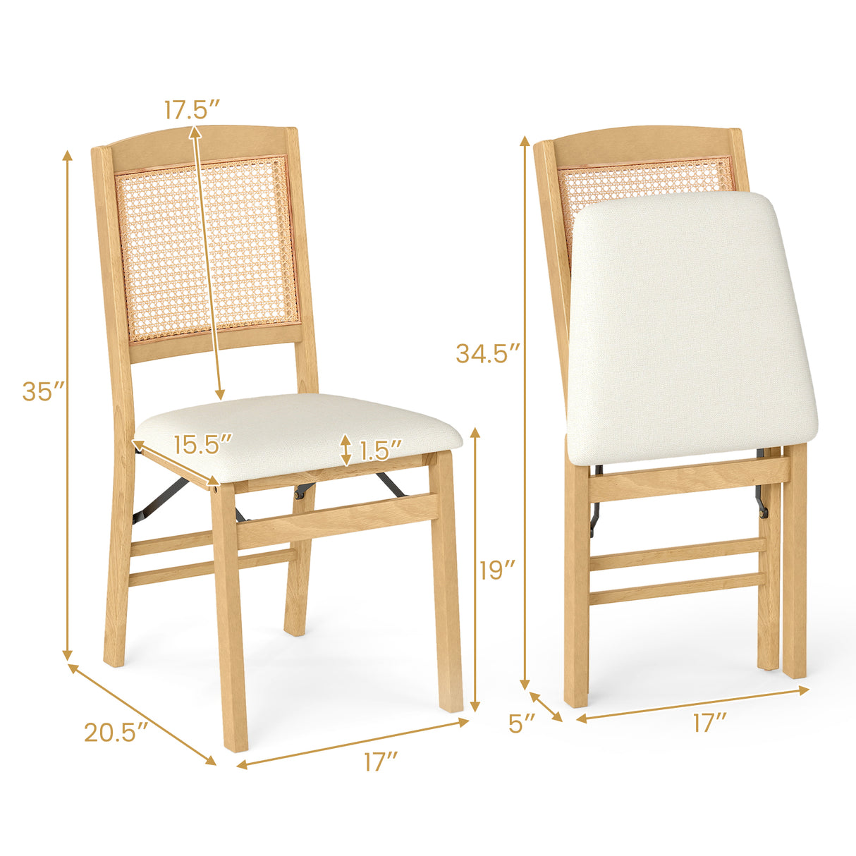 Folding Dining Chairs Set of 4 Rubber Wood Chairs with Linen Padded Seat