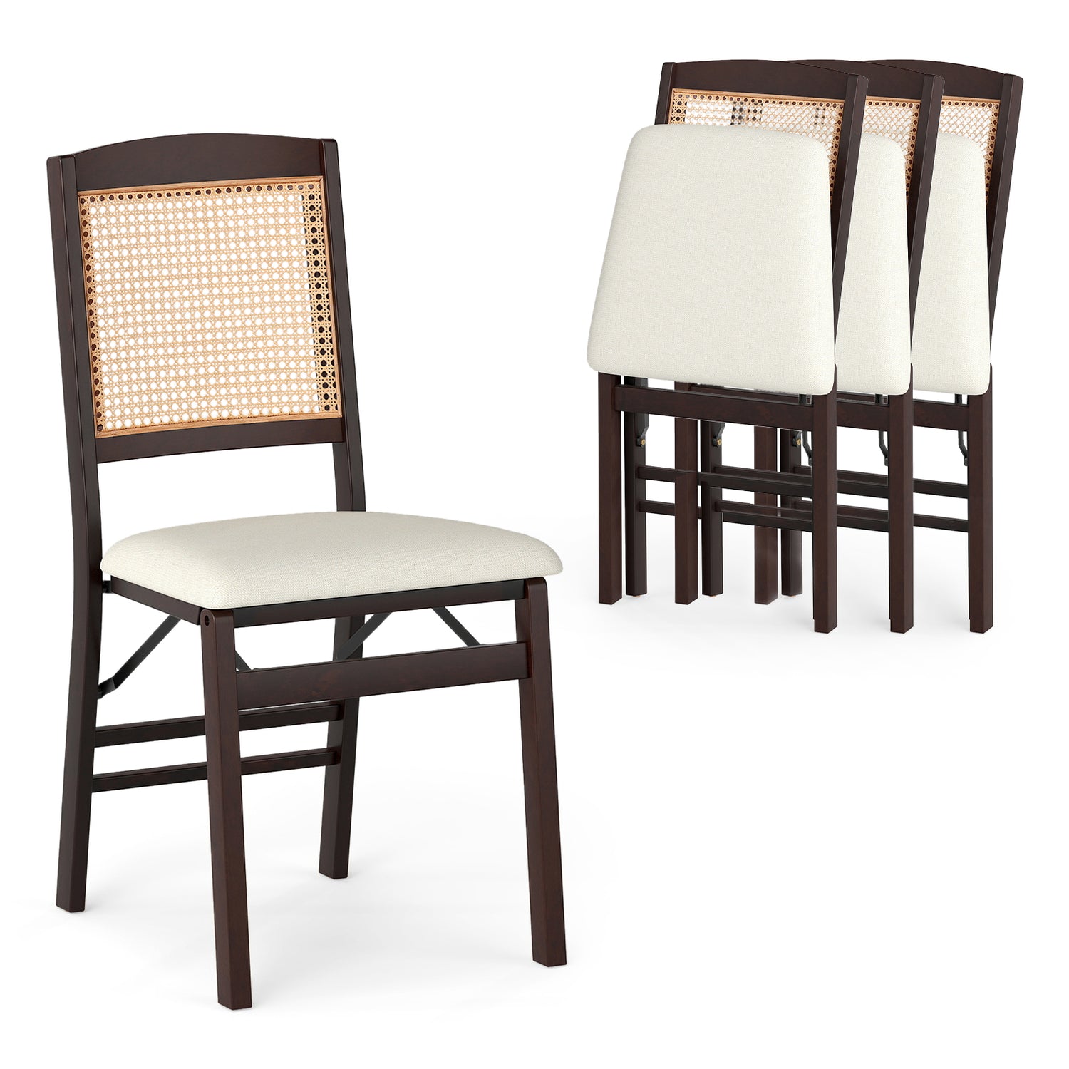 Folding Dining Chairs Set of 4 Rubber Wood Chairs with Linen Padded Seat