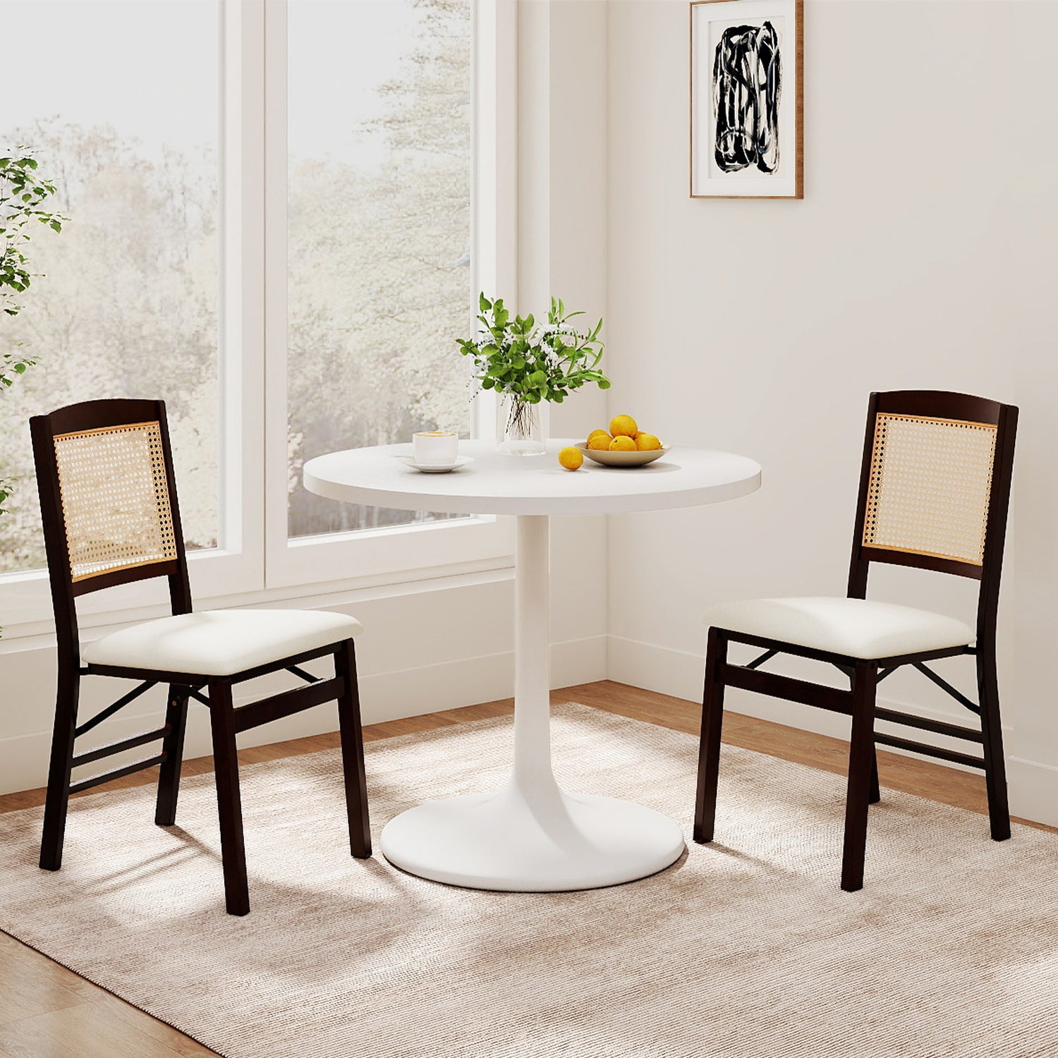 Folding Dining Chairs Set of 4 Rubber Wood Chairs with Linen Padded Seat