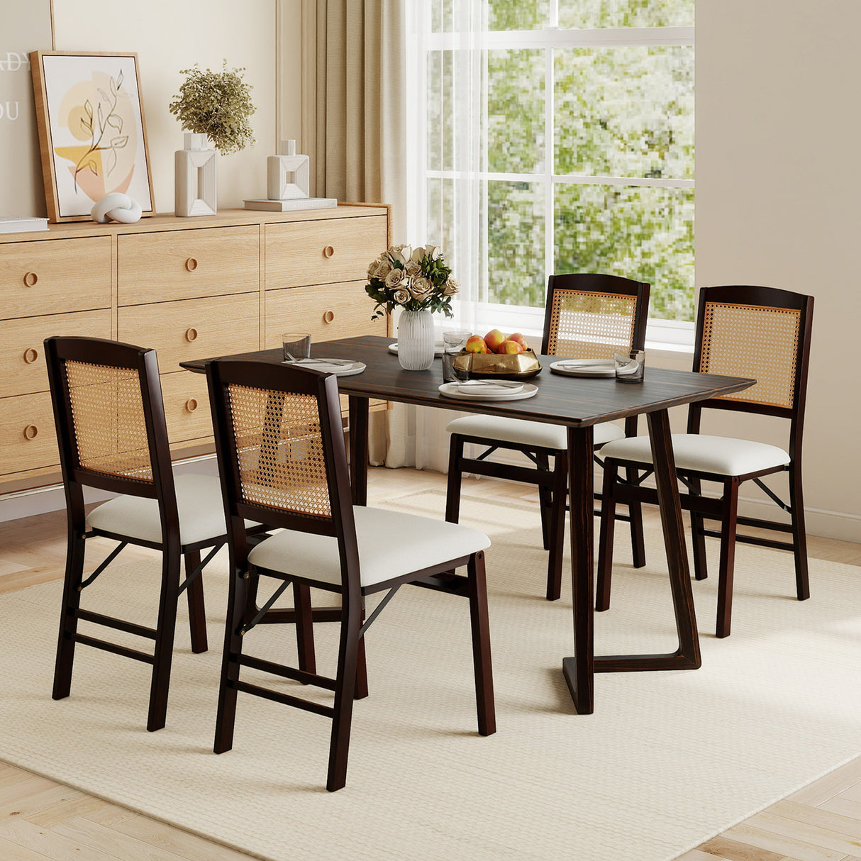 Folding Dining Chairs Set of 4 Rubber Wood Chairs with Linen Padded Seat