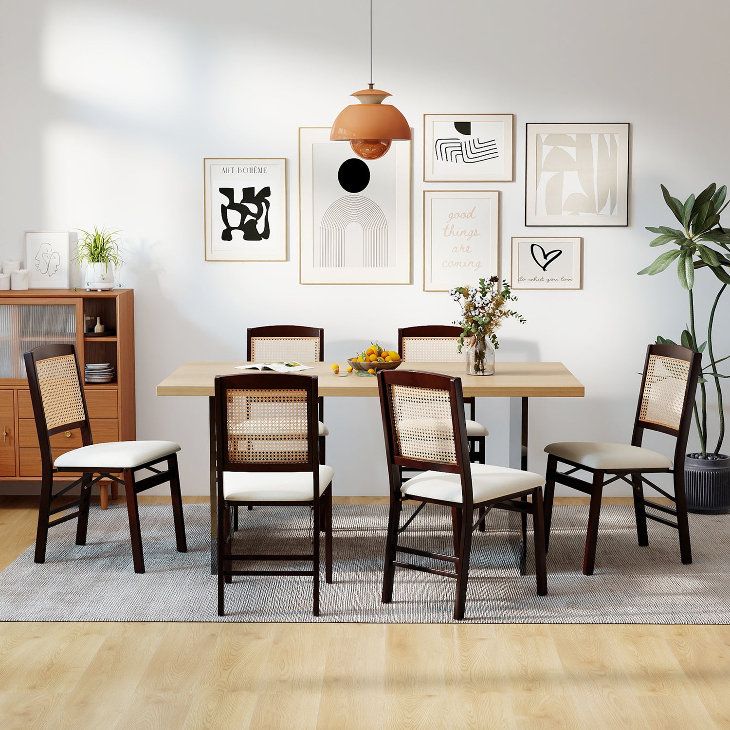 Folding Dining Chairs Set of 4 Rubber Wood Chairs with Linen Padded Seat