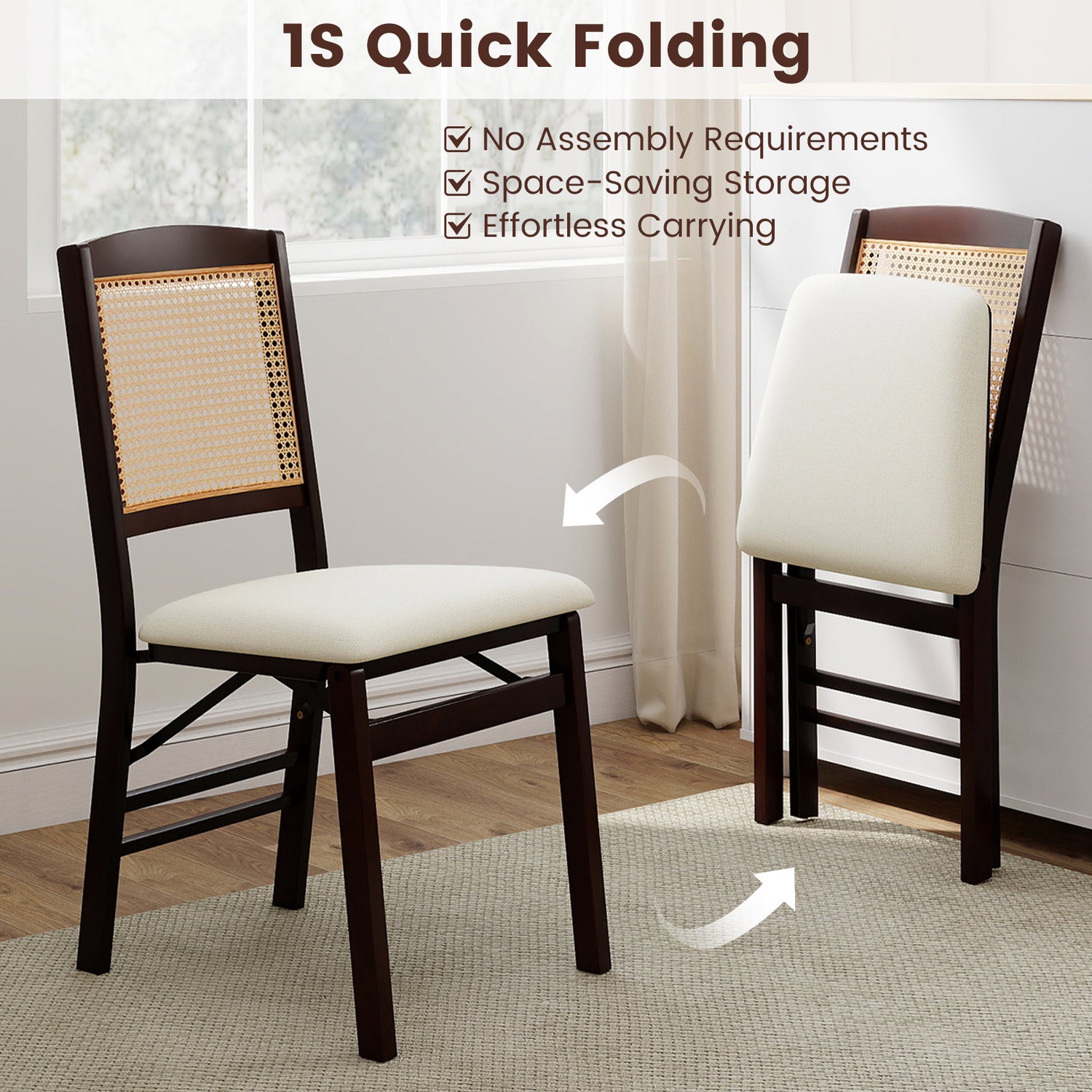 Folding Dining Chairs Set of 4 Rubber Wood Chairs with Linen Padded Seat