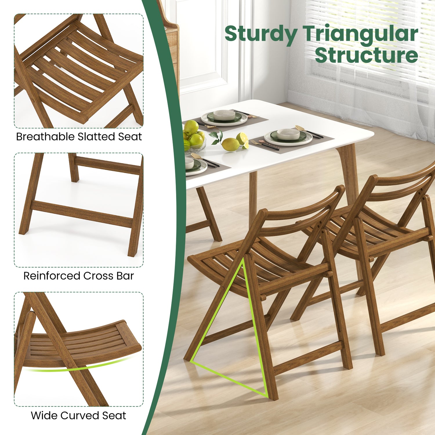Folding Dining Chair Set of 2 with Rubber Wood Frame and Slatted Seat-Walnut
