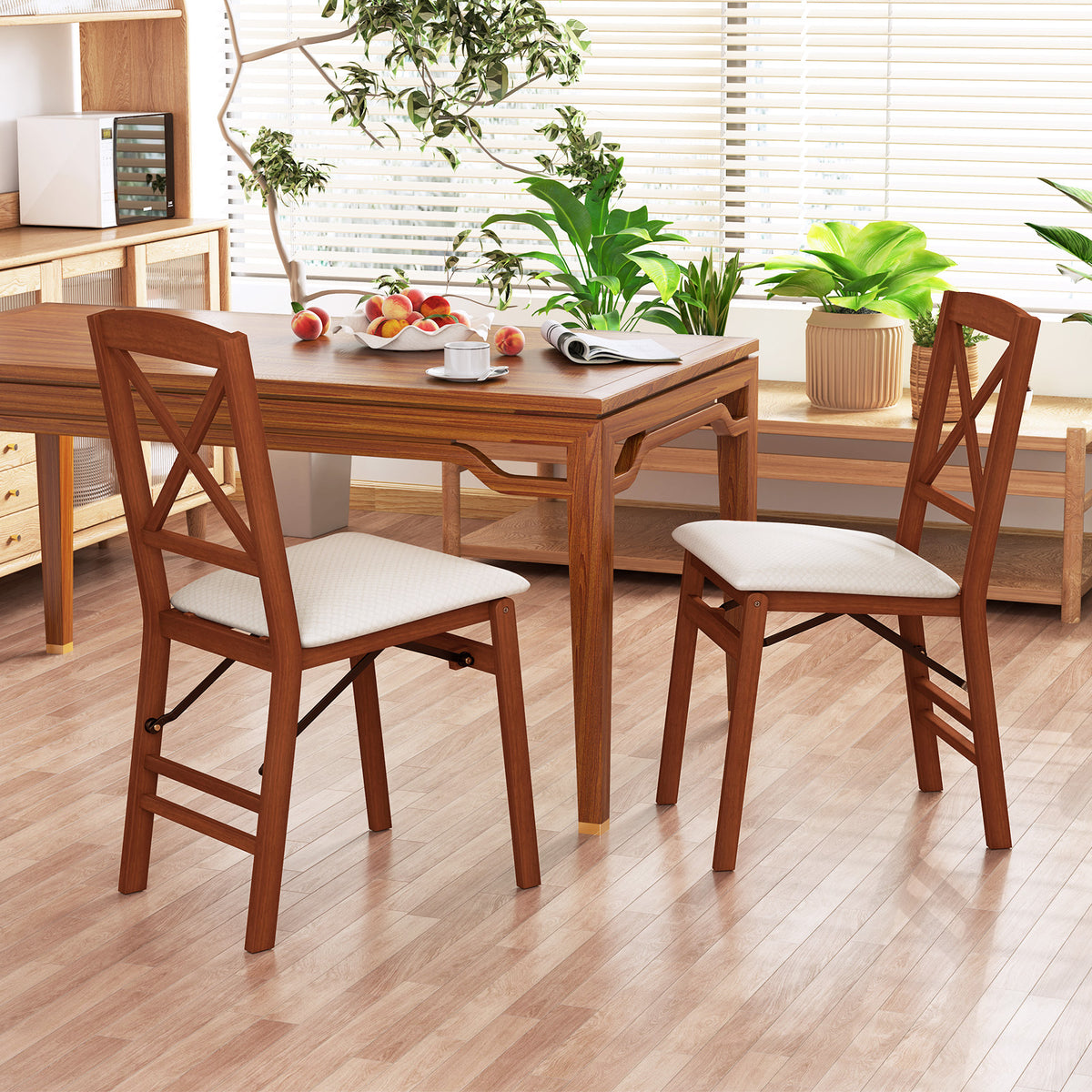 Folding Dining Chairs Set of 2 with Padded Seat and Rubber Wood Frame
