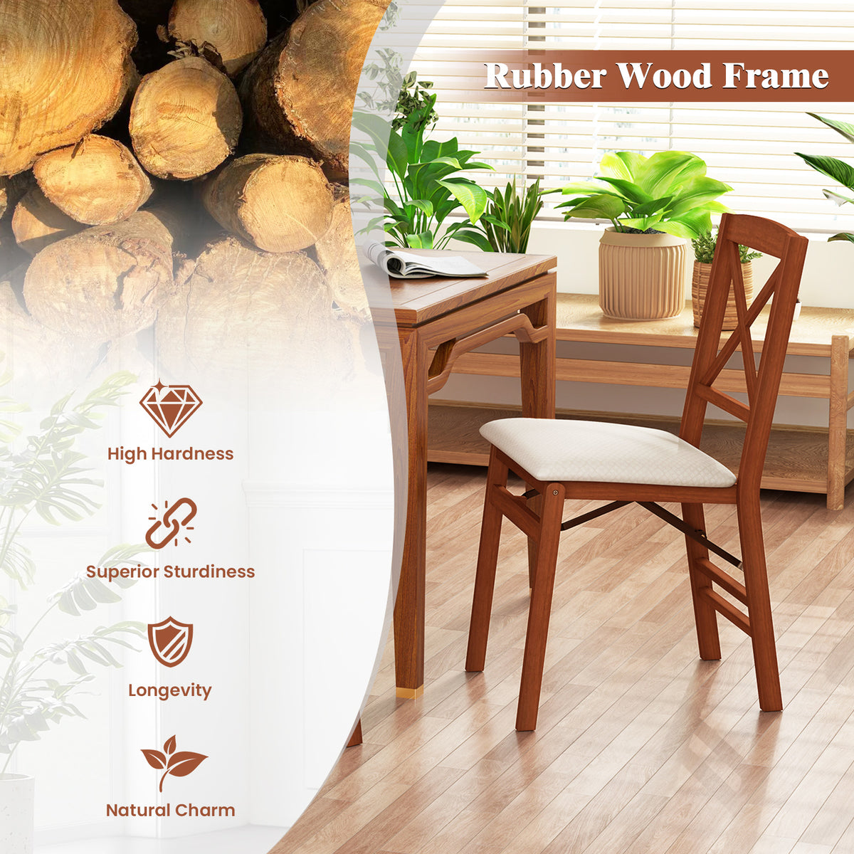 Folding Dining Chairs Set of 2 with Padded Seat and Rubber Wood Frame